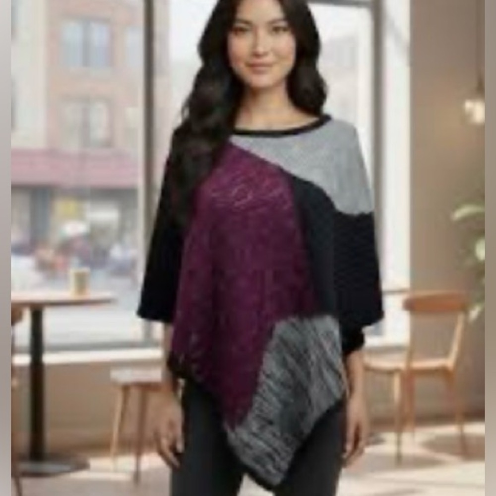 Style & Co. Colorblock Knit Poncho in Plum, Black & Gray